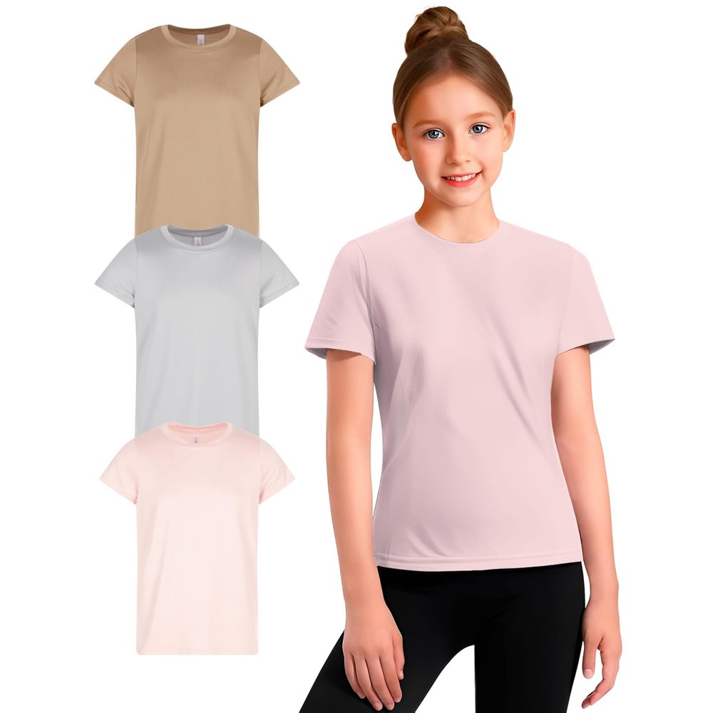 NEW Girl's Athletic Shirts 3 Pack Crew Neck Short Sleeve Tees Summer Active Tops